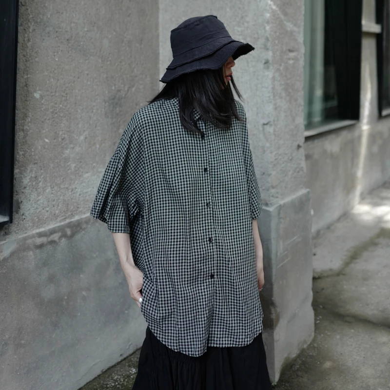 

SuperAen Лето 2021 новый дизайн свободные Ретро клетчатые женские рубашки с коротким рукавом и отложным воротником