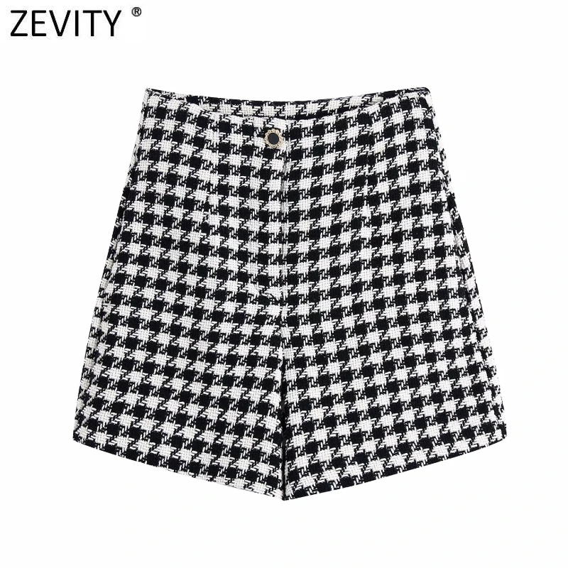 

FAKUNTN Zevity 2021 New Women Vintage Houndstooth Print High Waist Tweed Hot Shorts Female Chic Zipper Fly Casual Pantalone