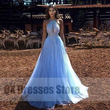 Vestido de noche azul con cuello Halter y espalda descubierta para mujer, ropa Formal de fiesta, de tul, Sexy, a la moda, 2022 (2)