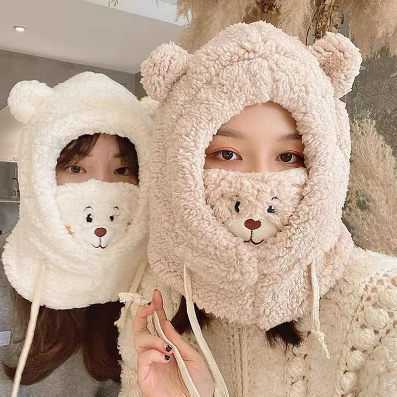 

2021 Fashion Winter Women Novelty Beanies Caps Warm Cute Bear Ear Hat Casual Plush Hat Scarf Set Casual Solid Women Caps Present