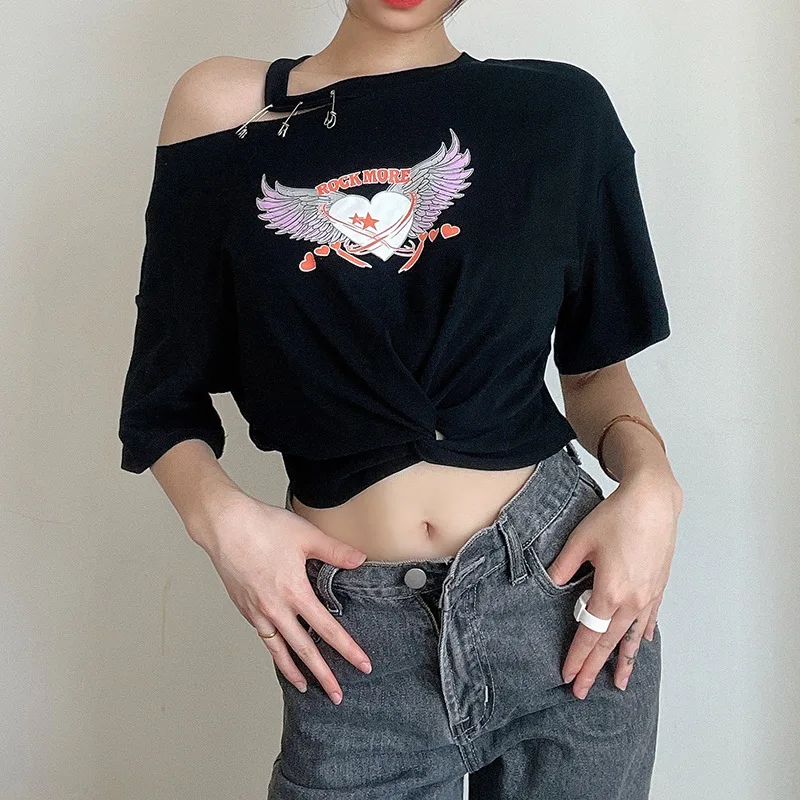 

Tshirt Women Summer Round Neck Short Sleeve One Shoulder Off Shoulder Fashion Heart Printed Tops Women Harajuku T Shirt