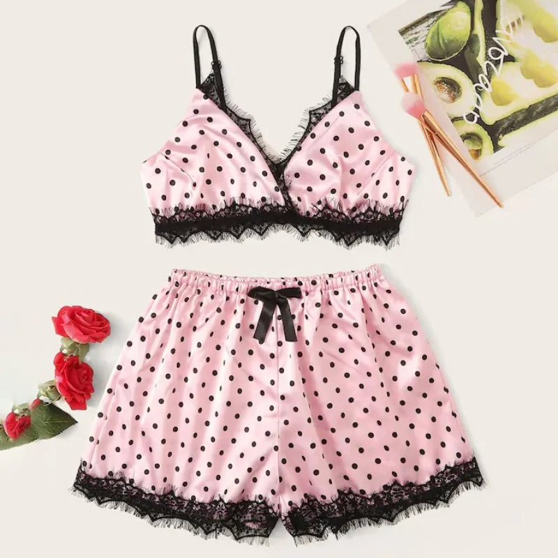 

Women Polka Dot Lace Pajamas Set Ladies V-Neck Cute Cami Pyjamas Satin Silk Sleepwear Set