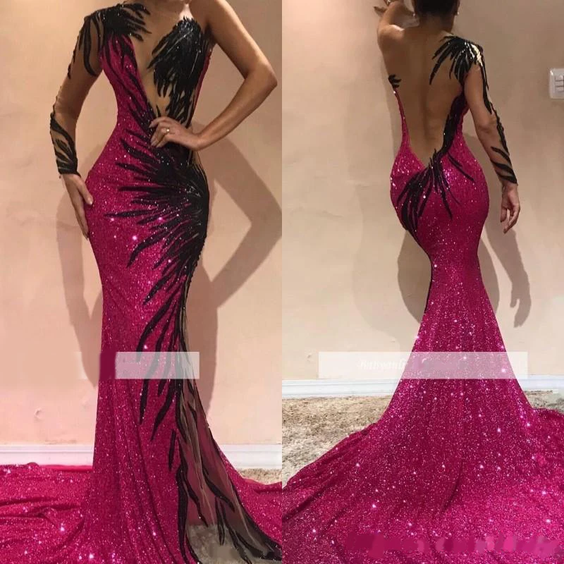 

2022 Ogstuff Sexy Backless Mermaid Prom Dresses Sequin One Shoulder Elegant Arabic Long Sleeve Evening Formal Party