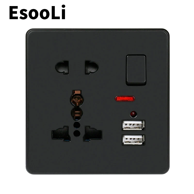 

EsooLi Black Wall Power Socket 13A UK Standard Switched Outlet 2.1A Dual USB Fast Charger Port LED indicator Curved surface
