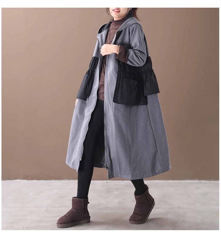 female new autumn and winter plus size korean style outerwear literary ruffled stitching hooded with velvet loose trench