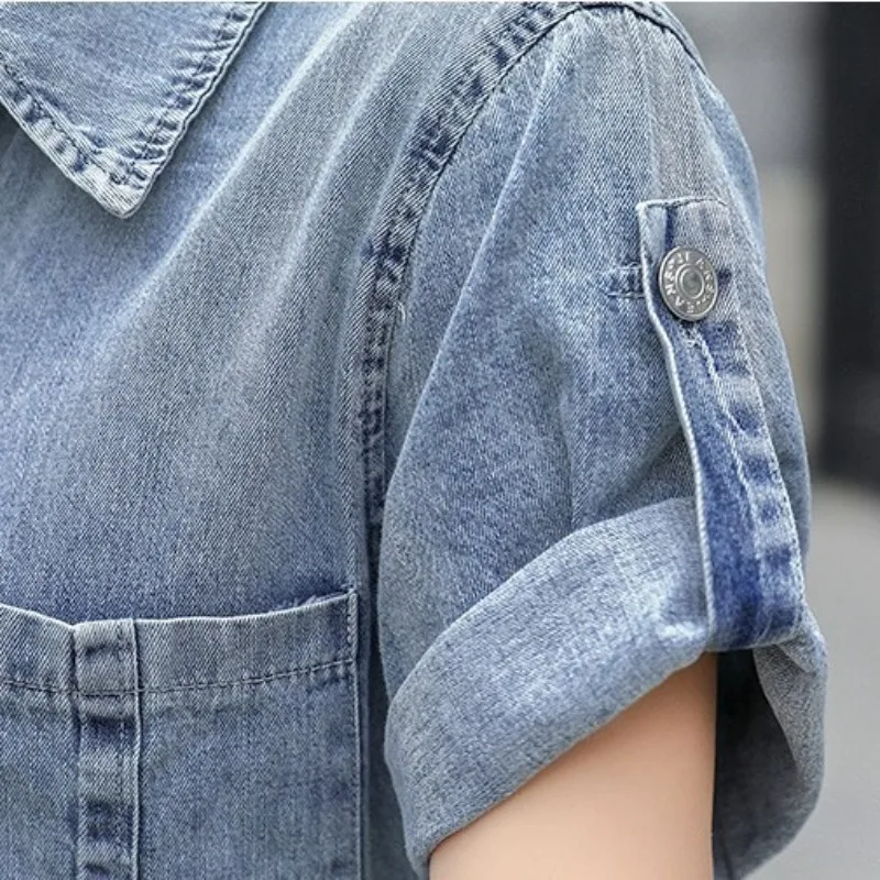

New Summer Denim Dress Women Short Sleeve Pocket Turn-Down Collar Single Breasted Lace Up Knee Length Embroidery Vintage Dresses