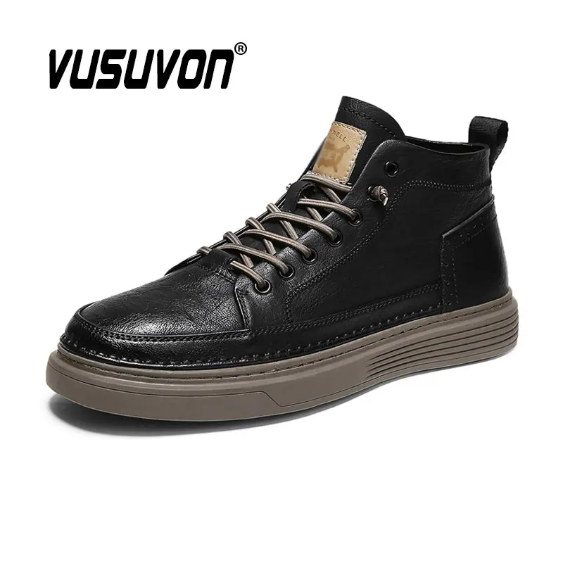 

Men Casual Genuine Leather Shoes 2021 Fashion Black Sneakers Martin Work Drving Lace up Flats