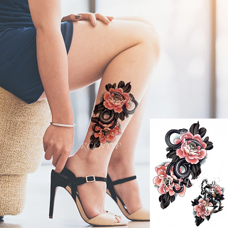 

Waterproof Temporary Tattoo Sticker Black Snake Peony Flower Metal Chain Fake Tatto Flash Tatoo Hand Arm Art for Women Men