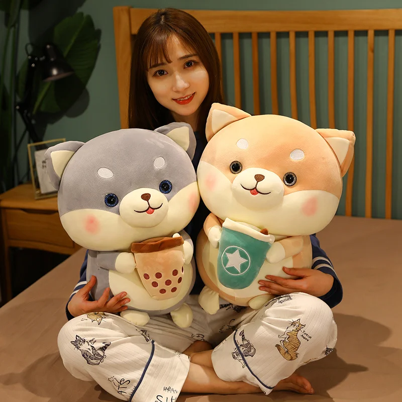 

New 20/35/45cm Cute Shiba Inu Dog with Bubble Tea Cup Plush Toy Stuffed Fluffy Animal Puppy Doll Pillow Kids Creative Xmas Gift