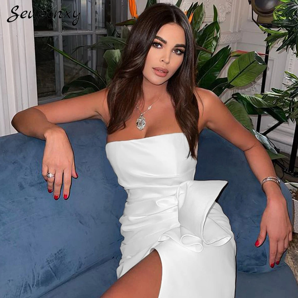 

High Quality Women's Elegant Bodycon White Dress 2021 Summer Sexy Off Shoulder Backless Draping Celebrity Party Dress Vestidos
