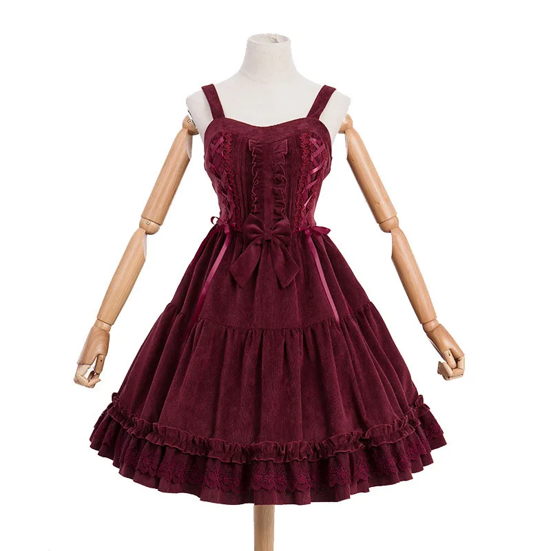 Vintage Corduroy Strap Knee Length Jumper Dress Women Sweet Lolita Warm Ruffle Bow Corset Flower Embroidery For Lady Girls | Женская