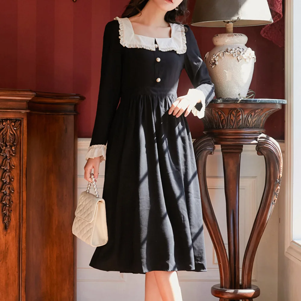 French Retro Lace Patchwork Square Collar Women Dress Summer Sexy Long Sleeve Midi Dresses Gothic Elegant Court Black Sundress | Женская
