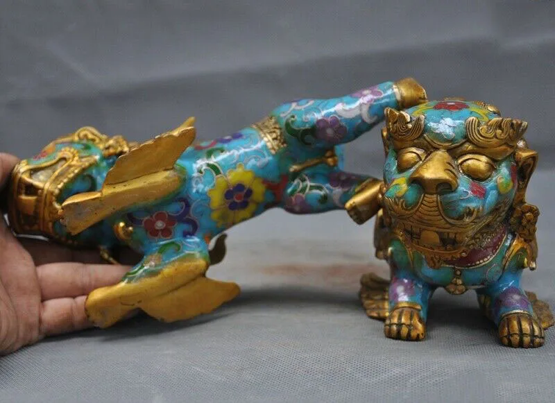 

wedding decoration Old China palace dynasty bronze Cloisonne Gilt lion Foo dog beast people statue