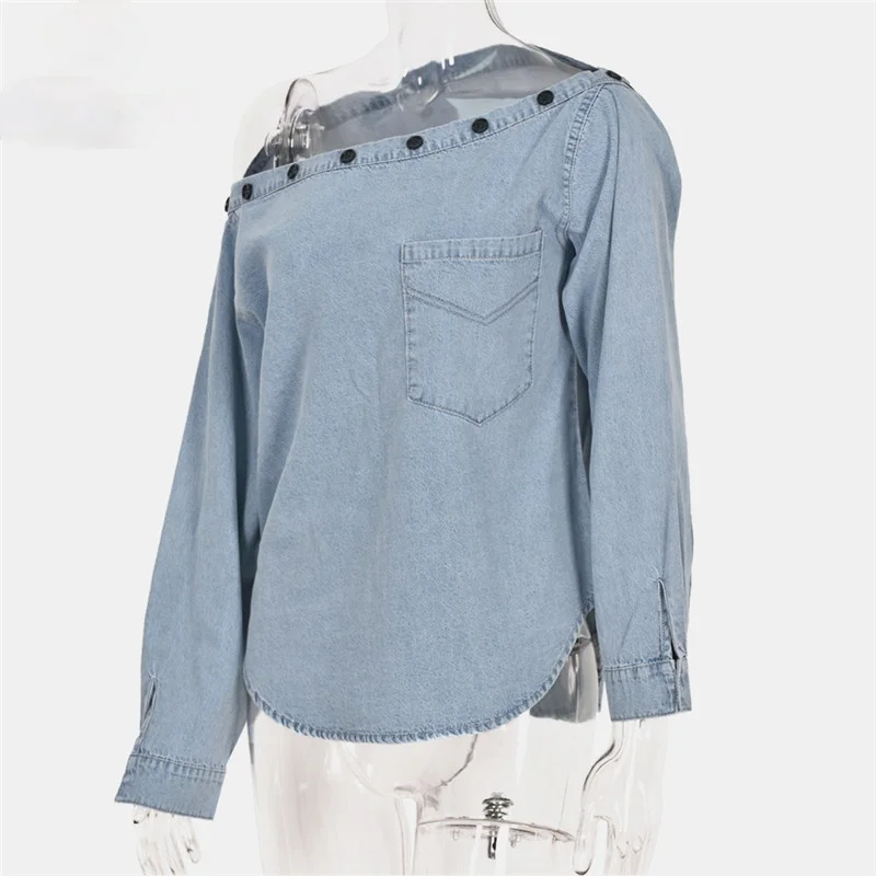 

Chic Denim Strapless Decor Slash Neck Shirt Long Sleeve Design Button Spring Autumn Casual Loose Tee Top Fashion Women T-Shirts