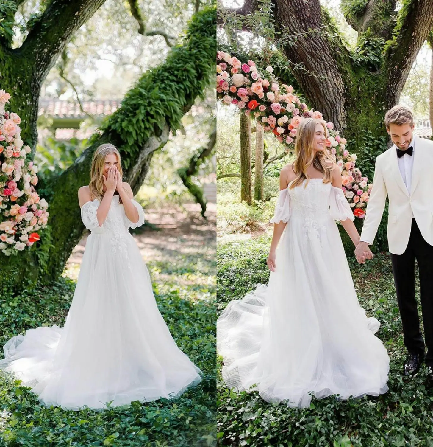 

Свадебные платья в стиле кантри, элегантные кружевные платья-трапеции с открытыми плечами и аппликациями, с коротким рукавом и открытой спи...