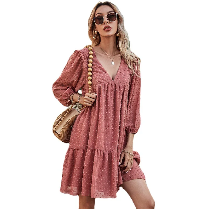 

2021 summer new V-neck solid color thin Lantern Sleeve loose and fashionable Chiffon women Dress plus size 6l long vestido woman