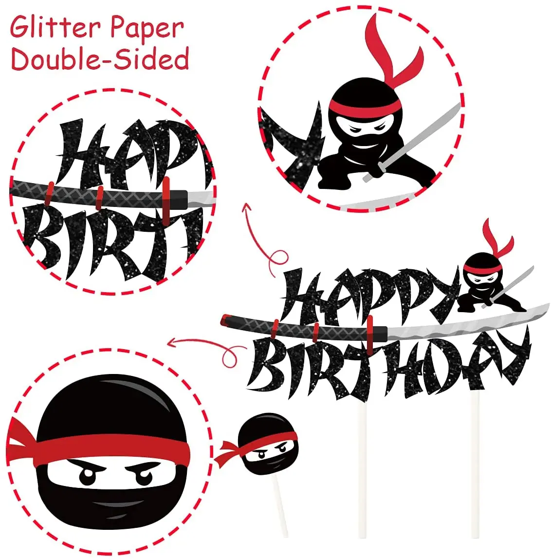 Juego de 25 piezas de adornos de pastel Ninja para ni&ntilde;os, conjunto de Topper para tarta de cumplea&ntilde;os que con adornos de magdalenas Ninja Warriors, para fiesta de cumplea&ntilde;os Ninja-2