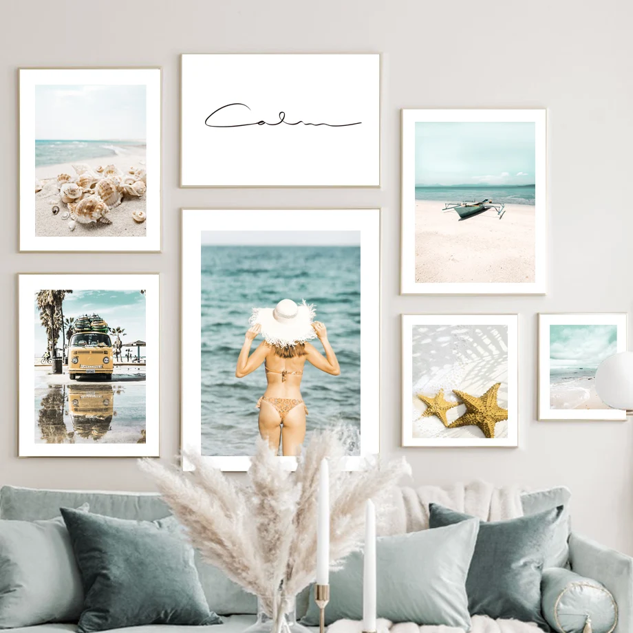 Canvas Painting Summer Beach Girl Conch Starfish Sailboat Bus Nordic Posters And Prints Wall Art Pictures For Living Room Decor | Дом и сад