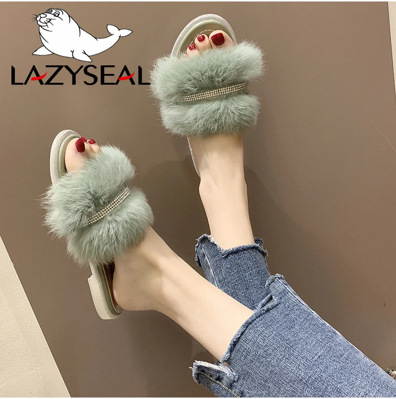 LazySeal/шикарная обувь; женские тапочки на натуральном меху; теплые пушистые тапочки на плоской подошве; женские сандалии со стразами; женские шлепанцы; вьетнамки
