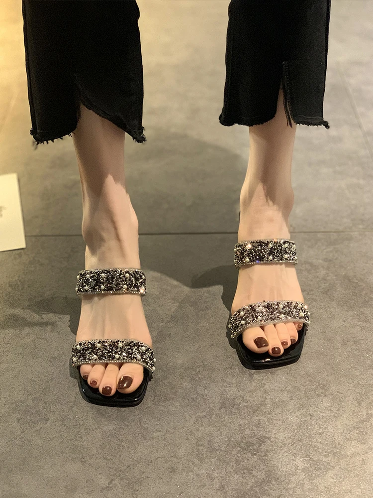 

Square Toe Shoes Ladies' Slippers Glitter Slides Thin Heels Fashion Med Slipers Women Heeled Mules Jelly Soft Luxury 2021 High