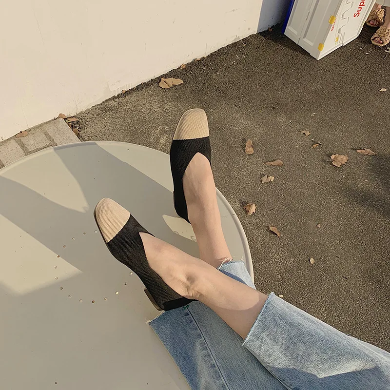 

Shoes Woman Comfortable And Elegant Knitting Flats Casual Female Sneakers Shallow Mouth Round Toe Slip-on Mixed Colors Low Heels