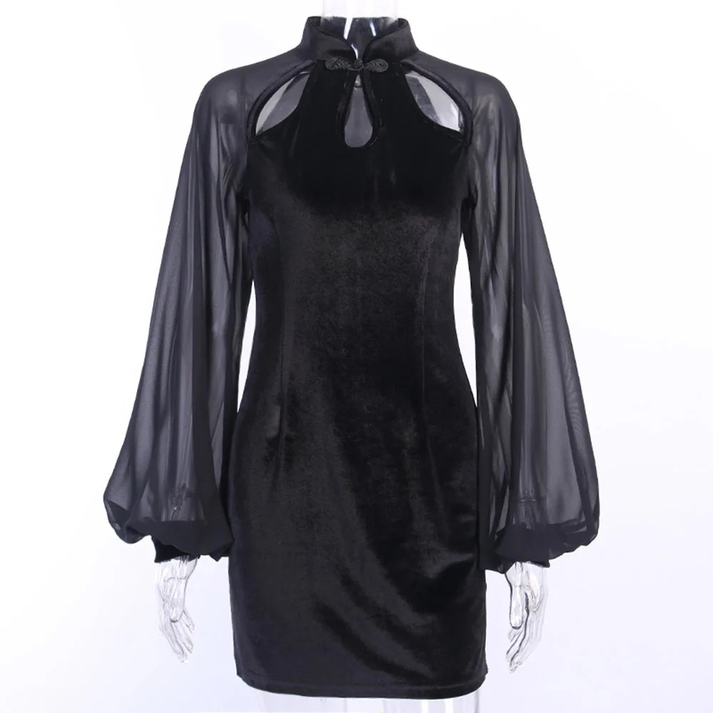 Velvet Vestido Sexy Mini Dress Women Hollow Gothic Fashion Casual Goth Club Dresses Vintage Qipao Slit Mesh Lantern Sleeve | Женская