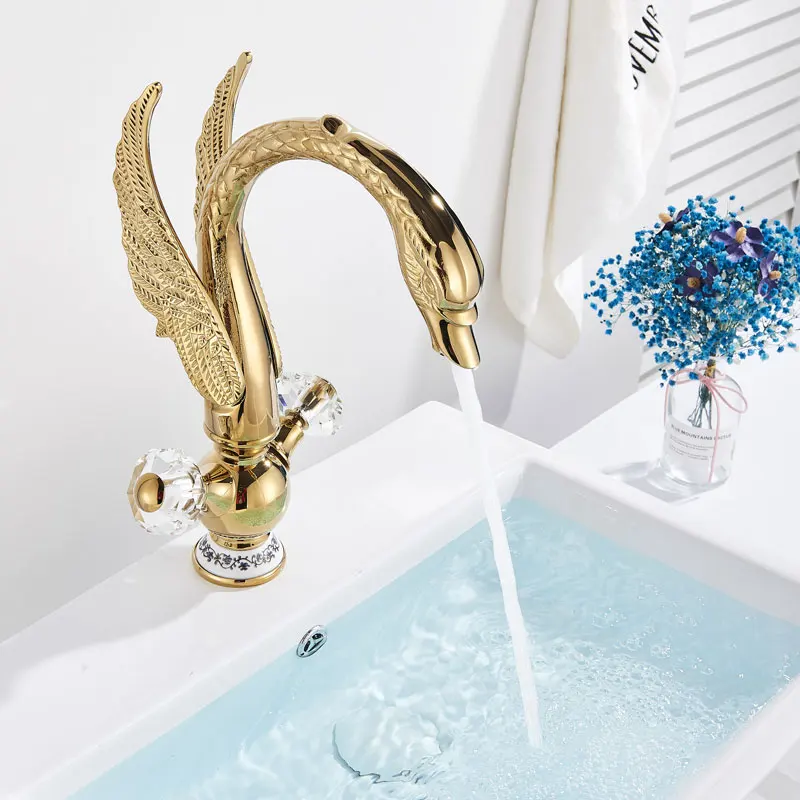Brass Swan Basin Sink Faucet Hot Cold Mixer Crane Tap Dual Handle for Switch ORB Chrome Gold finished Deck Mounted | Обустройство
