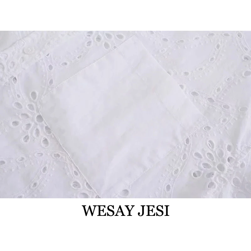 

WESAY JESI ZA Women's Clothing 2021 Short Sleeve Blouses And Shirts Hollow Embroidery Cotton Fashion Shirt Chic Solid Color Top