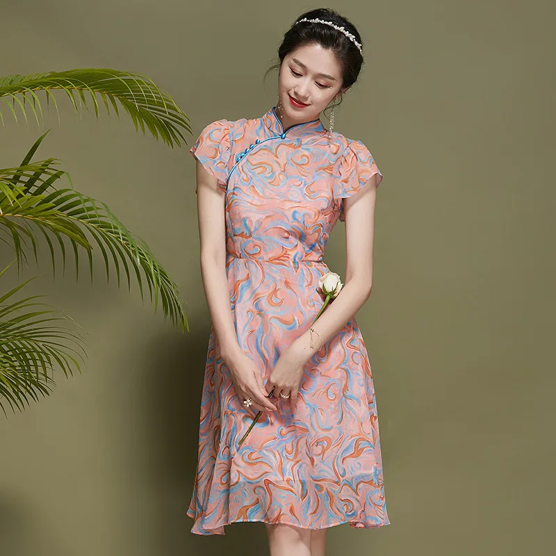 

Chinese 2021 new arrival chiffon qipao A-line dress for women