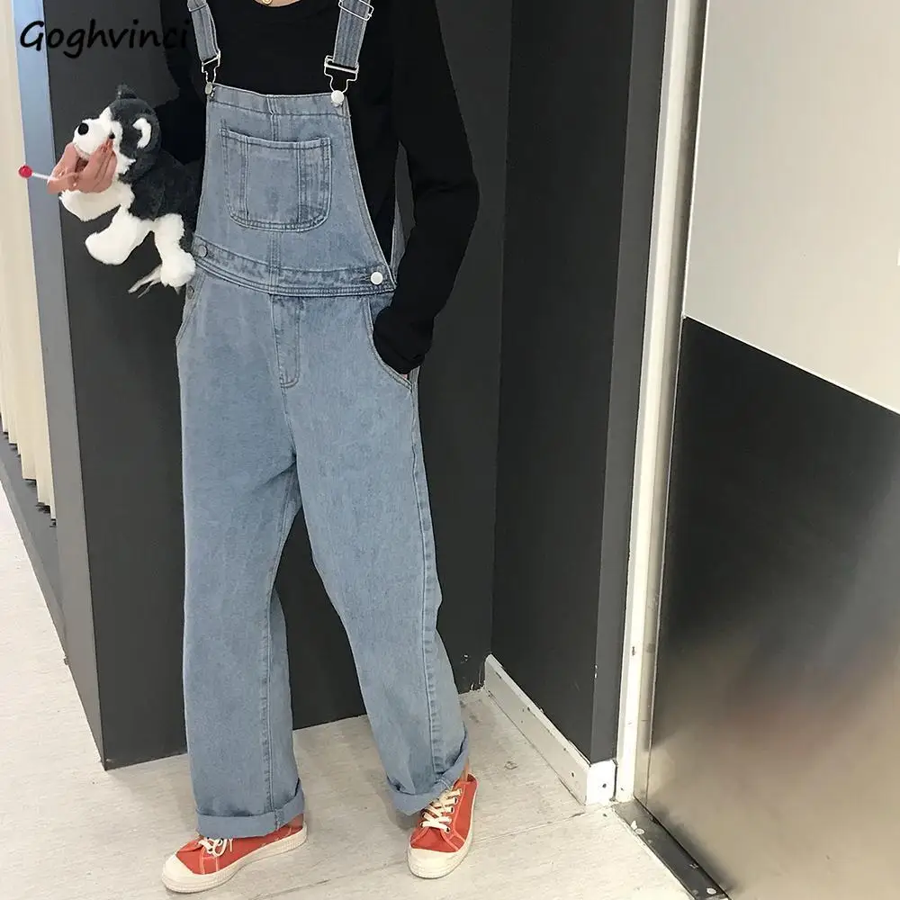 

Jumpsuits Women Harajuku Straight Straps Preppy Style Students BF Teens Leisure Denim Solid Trendy Mujer Clothes Ins Full Length