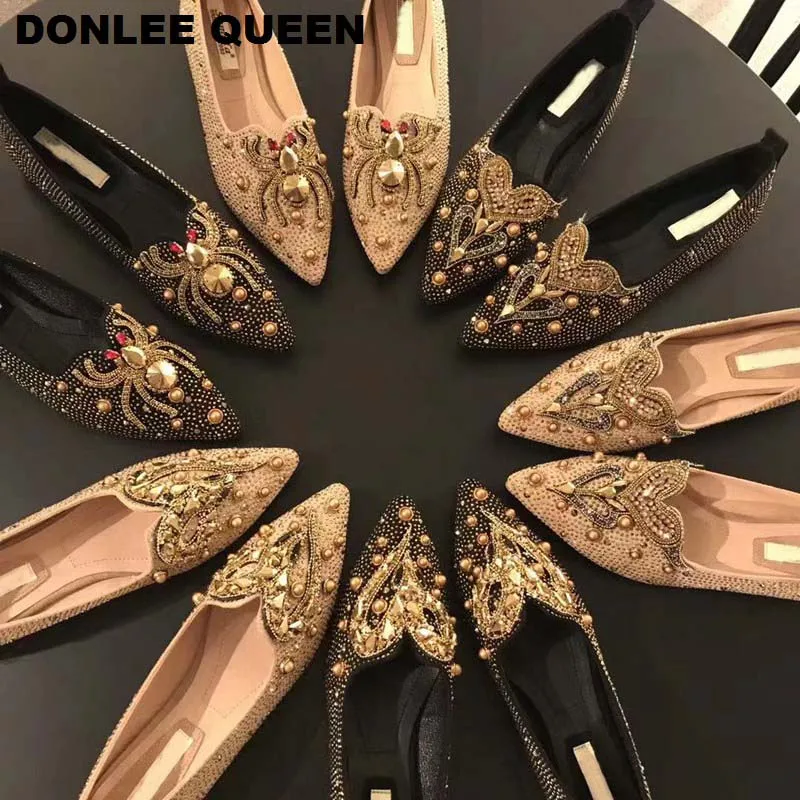 Стразы обувь Для женщин Балетки на плоской подошве брендовые туфли с заклепками