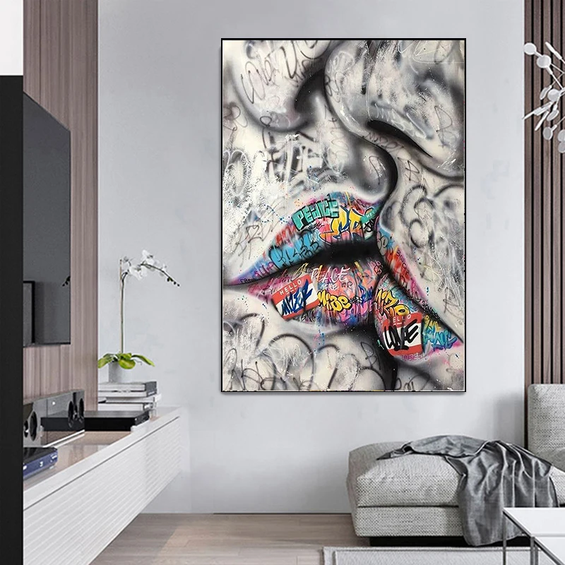 

Street Graffiti Art Lover Kissing Canvas Painting Posters and Prints Abstract Hand Wall Art Picture for Living Room Home Decor