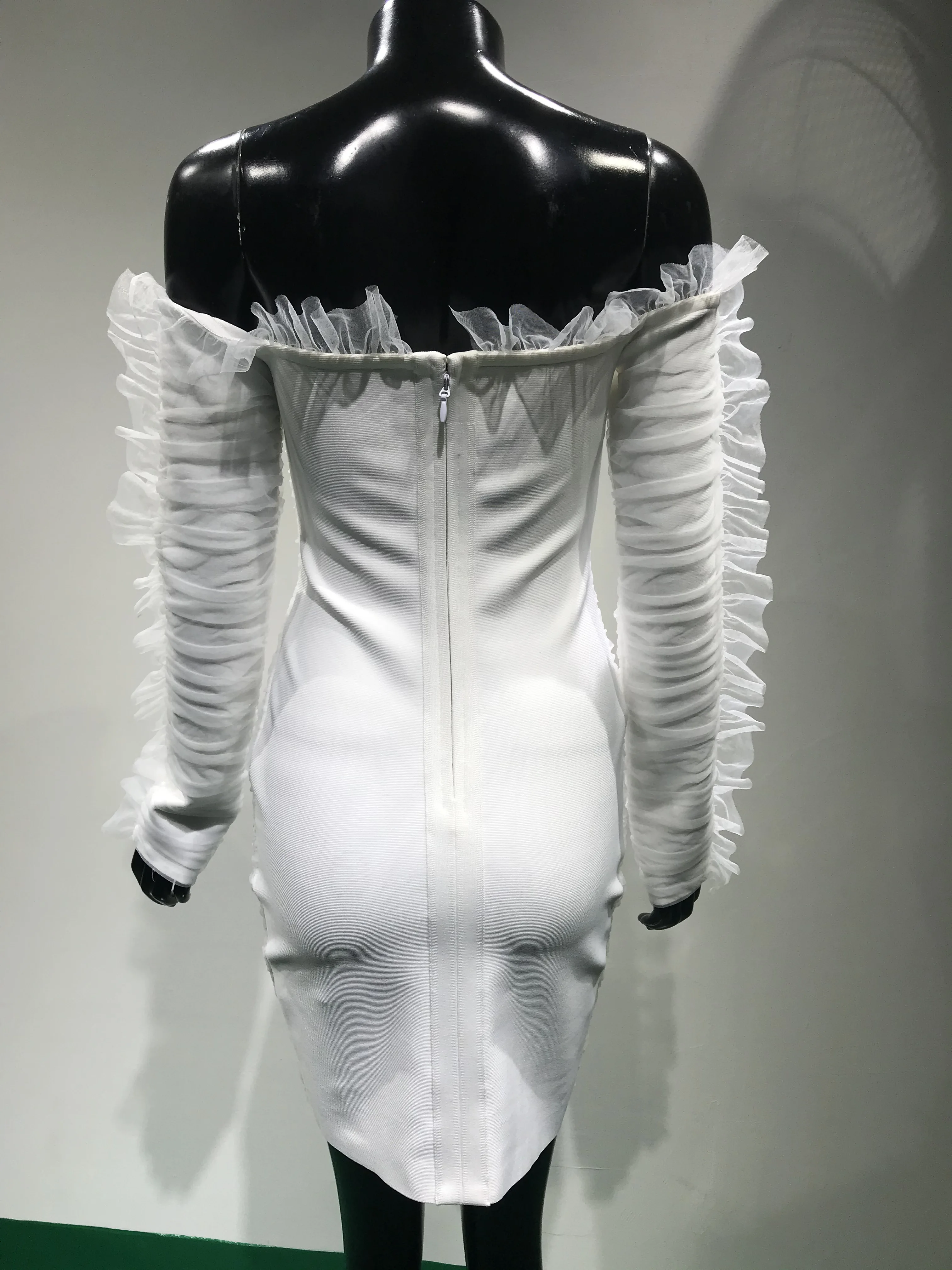 

2020 Fashion Female Party Winter Dress Vestdios Women Sexy Slash Neck Off Shoulder Long Sleeve White Mesh Bodycon Bandage Dress