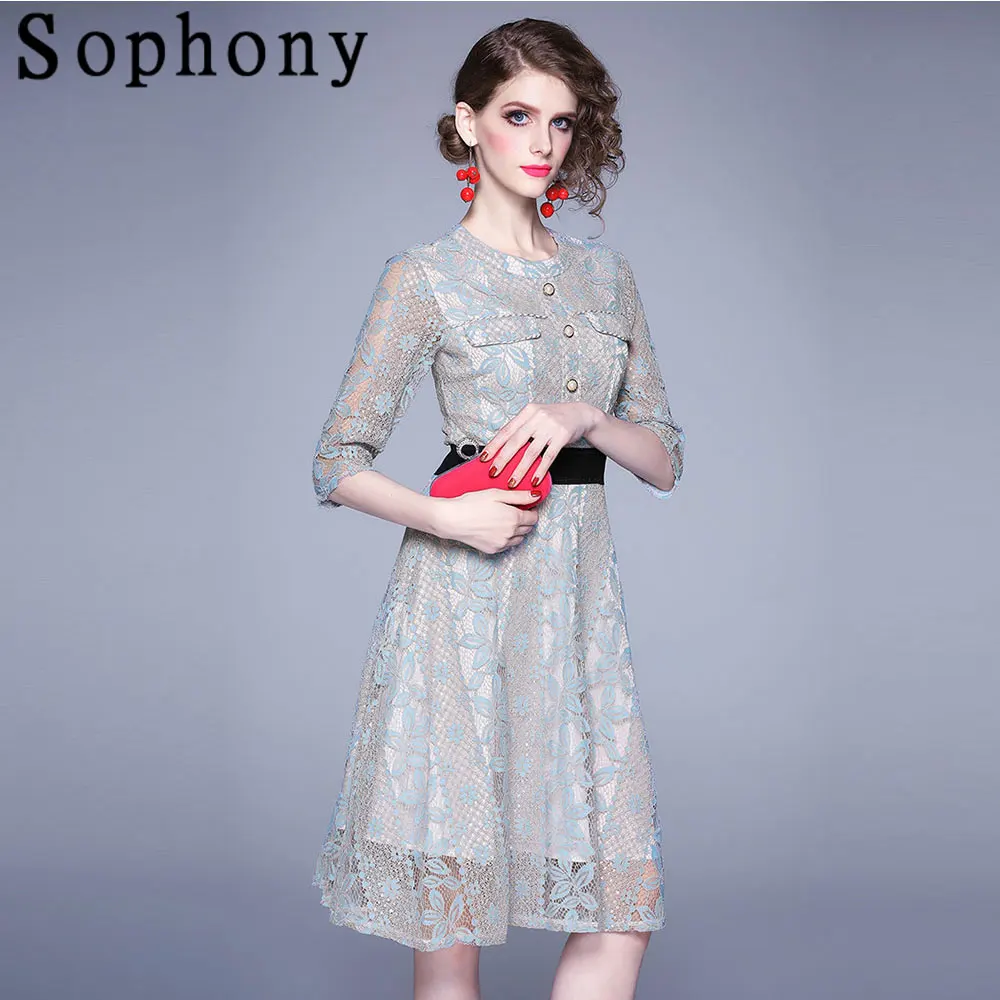 

High Quality Elegant Lace Party Dress Female's O Neck Half Sleeve A Line Midi Dresses 2021 Runway Autumn Spring Vestidos S68912