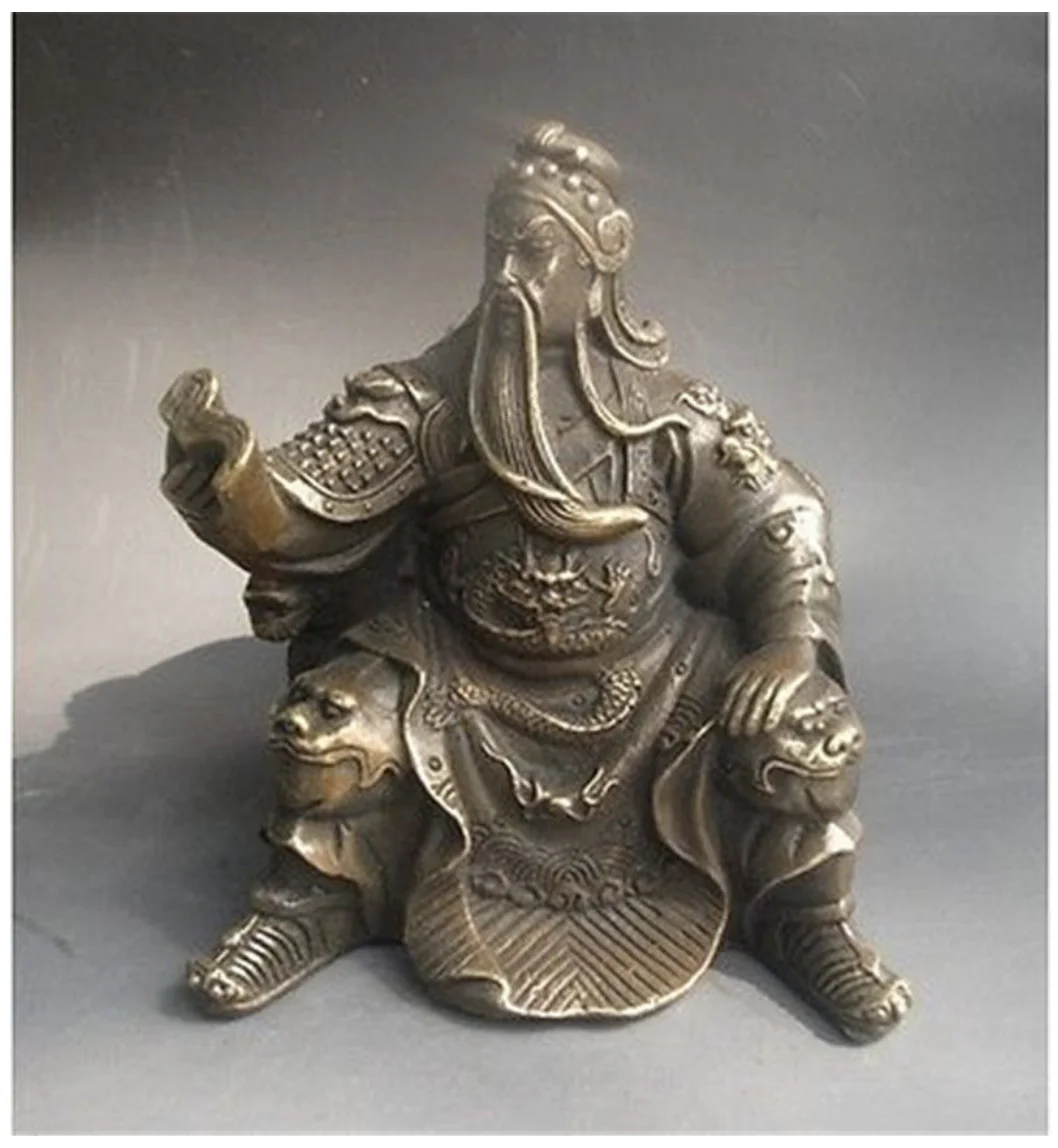 Китайский Бронзовый Дракон воин Sit Guan Gong Yu Бог Чтение Книга статуя|Статуи и