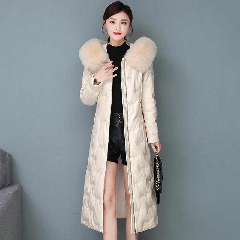 New Women Leather Down Jacket Autumn Winter 2022 Fashion Real Fox Fur Collar Hooded Embroidery Slim Long Sheepskin Down Coat