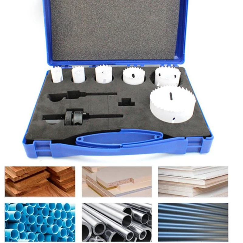 

HOLE SAW 9 Pcs Hole Drill Set Cutting Set Bimetal Cutting Tool Set 22-68Mm Hole Saw Set for Wood Metal PVC Plate