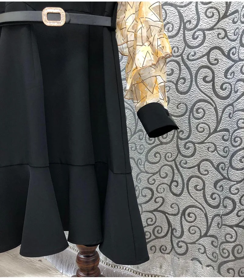 

High Quality New Runway Style Dress 2020 Autumn Winter Women Geometric Print Patchwork Long Sleeve Elegant Color Block Dress OL