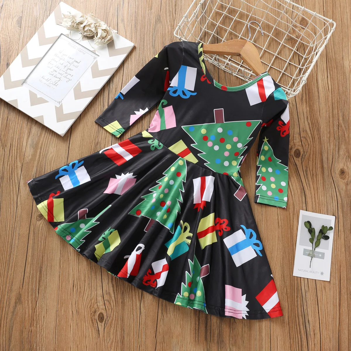 2019 рождественское черное Хлопковое платье с длинными рукавами и рисунком для