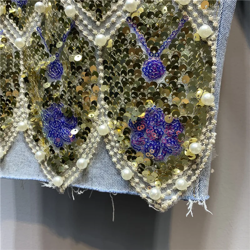 

2021 Summer Women European High Waist Stretchy Embroidery Sequins Beaded Jeans Ladies Western Style Straight Short Denim Pants