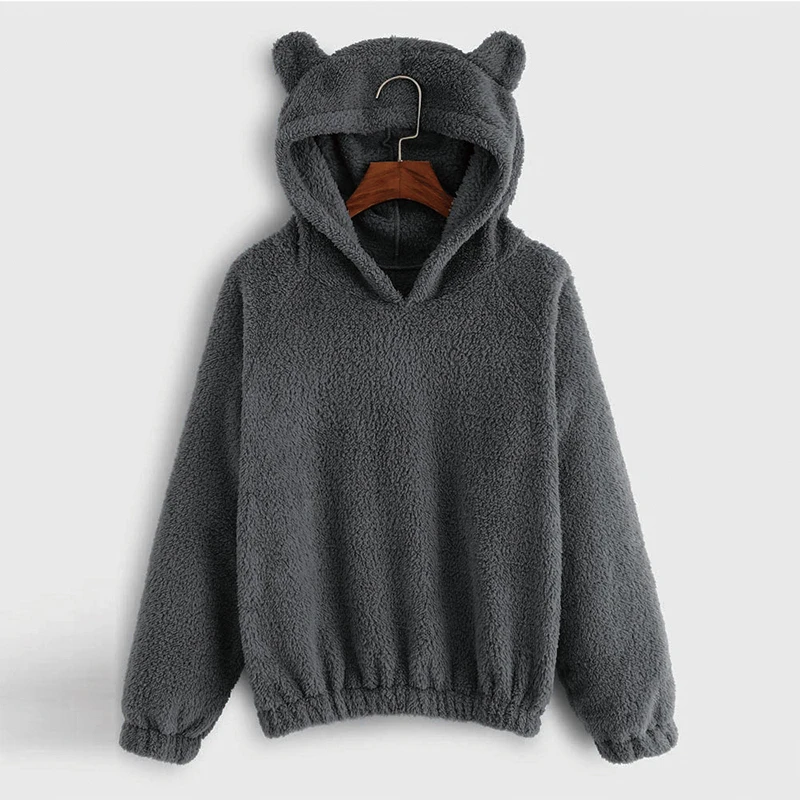 

Autumn Winter women Sweatshirt Lovely Bear Ears Solid Color Fleece Hoodies Casual Kawaii Plush Warm SweatshiRT Women