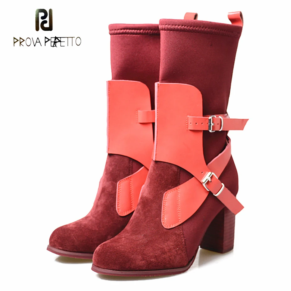 Koop Prova Perfetto Nieuwste Stretch Sok Laarzen Lederen Gesp Ronde Neus Chunky Hoge Hak Chelsea Korte Laarzen Mujer Zapato