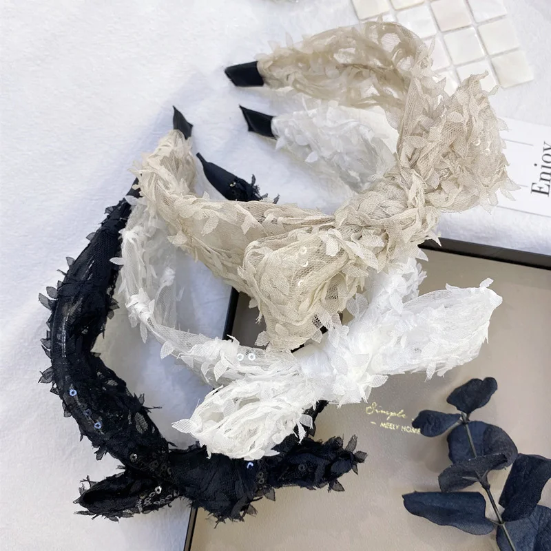 

Oaoleer Fashion Women Hairband Wide Side Headband Lace Sequins Bow Knot Hair Band Korean Headwear hoop for hair Accessories