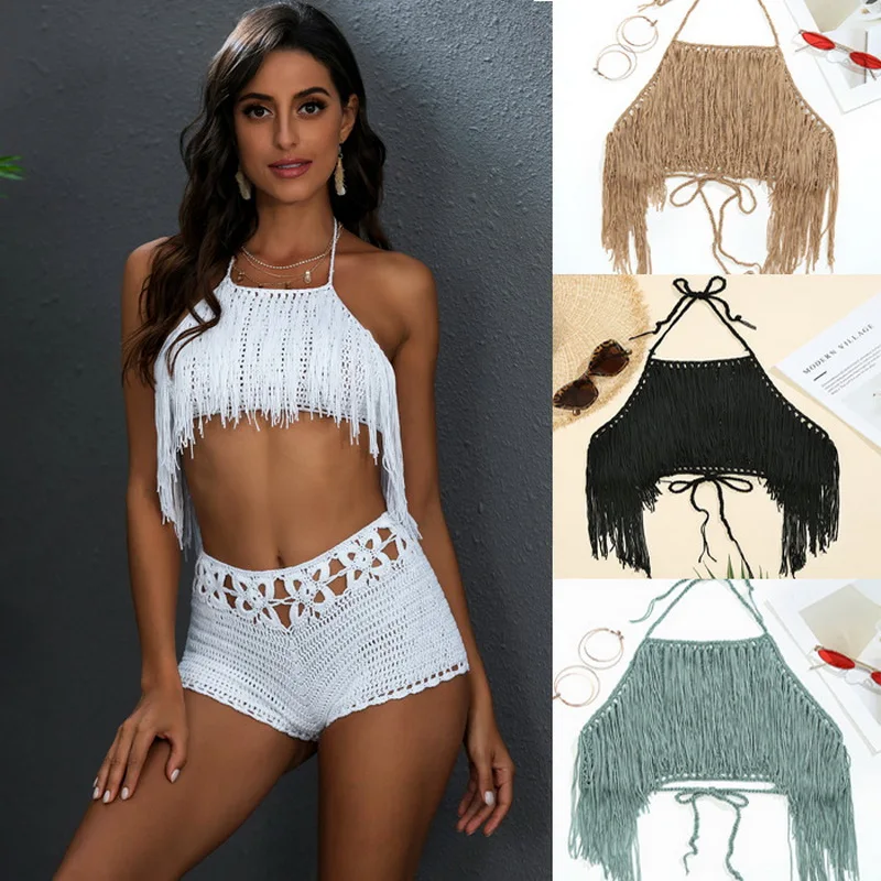 H80 &amp S90 новый сексуальный Для женщин кисточкой связанное крючком бикини ручная