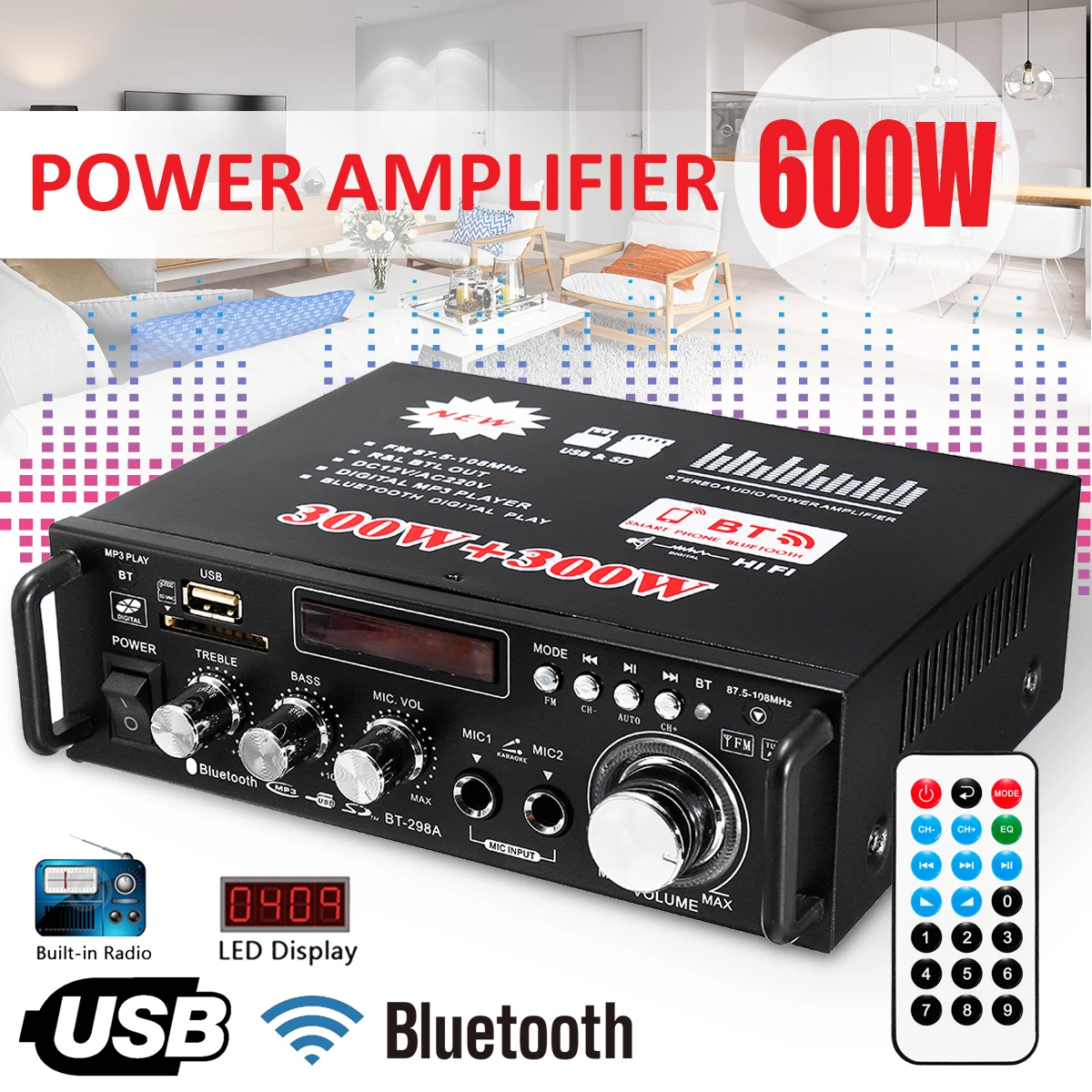 800 Вт 600 автомобильный усилитель Hi Fi 2 CH аудио Мощность 12/220V дома Театр Поддержка