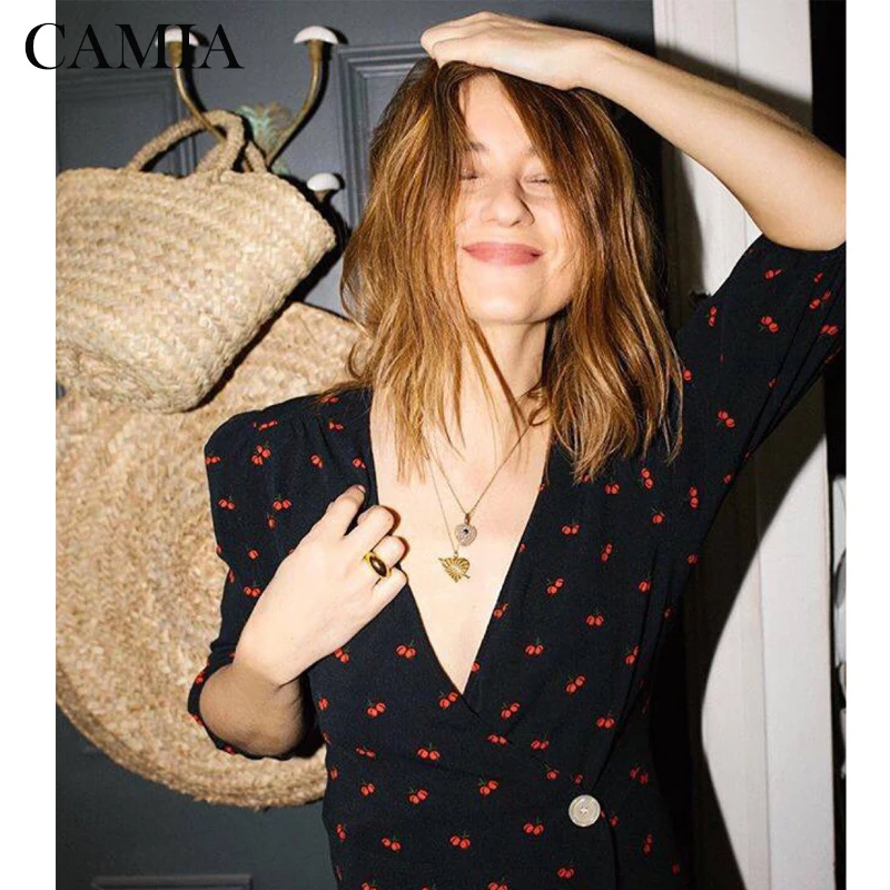 Камиа длинные с принтом в виде вишен французский чай женские халаты для женщин