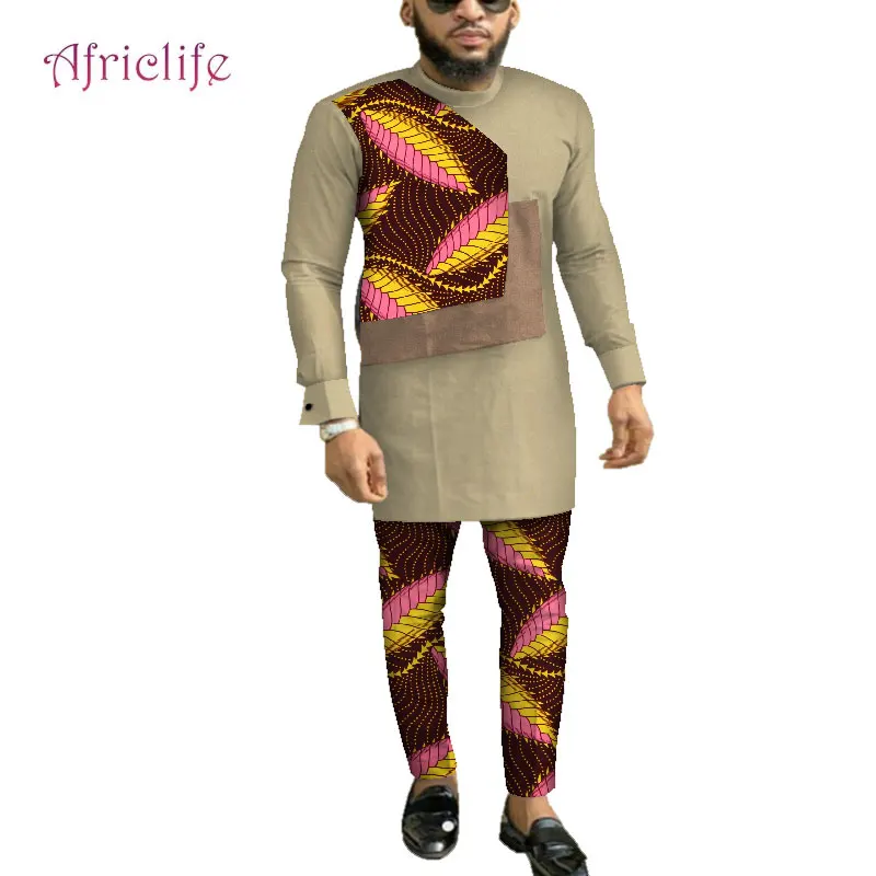 Высокое качество Лидер продаж Африканский принт 2 шт. мужские комплекты Топ dashiki и брючный комплект размера плюс традиционная африканская одежда WYN883