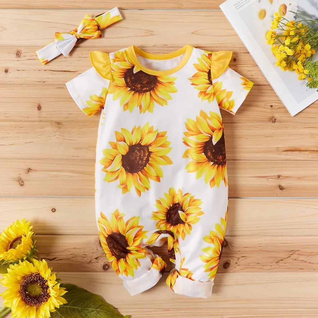 

Baby Kids Clothing Sets toddler Baby Girls Short Sleeve Sunflower Printed Romper+headbands Outfit деская дежда Ropa Teens