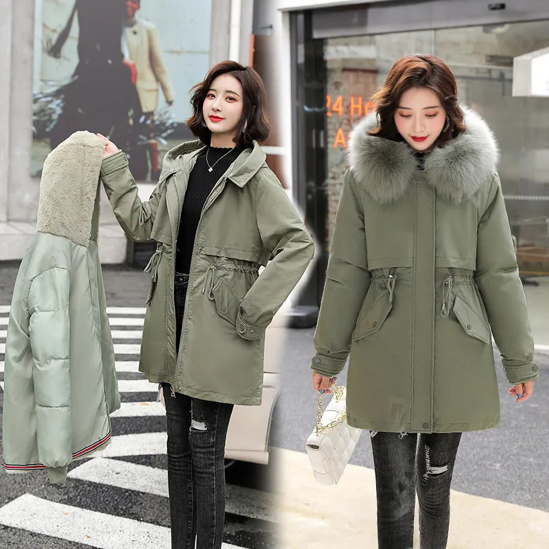 

Корейская плюшевая утепленная куртка с хлопковой подкладкой, пуховик, верхняя одежда, новинка 2021, Женская куртка средней длины выше колена