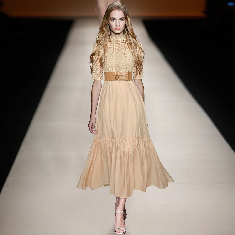 

up collar short sleeve hollow out water soluble flower lace up waist puff long dress dress 2021 spring and summer new